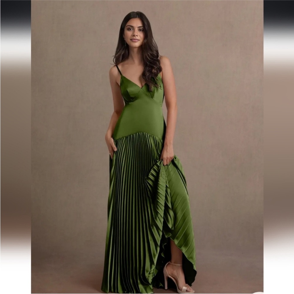 Azazie Olive Green Pleated Maxi Dress